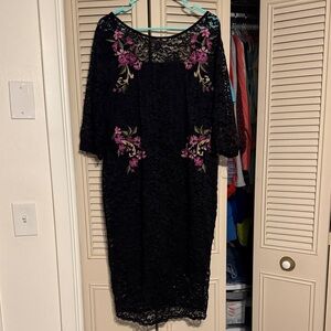 Thalia Sodi Black Lace Dress with Pink Floral Accents